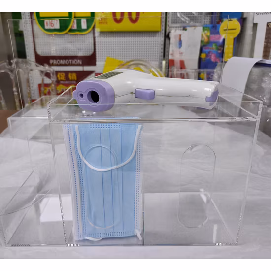 Scatola portaoggetti in acrilico da banco personalizzata fatta a mano per maschera facciale, fazzoletti e termometro disinfettante